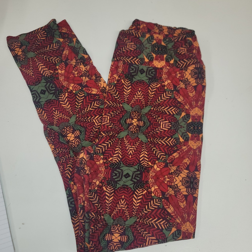 LuLaRoe Leggings OS One‎ Size Red Orange Green Geometric Print